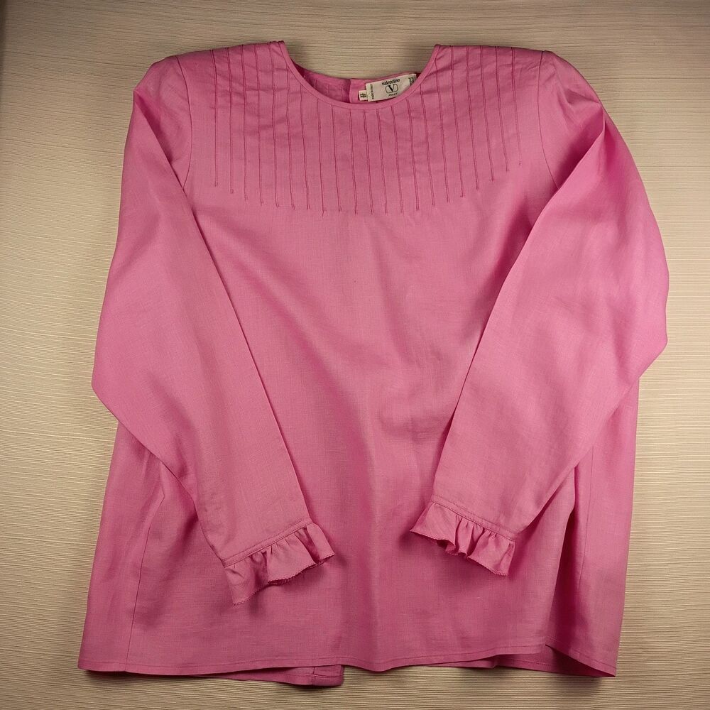 Valentino Miss V Pink Linen Blouse – Pintuck Yoke, Ruffle Cuffs, Size 48/14 XL